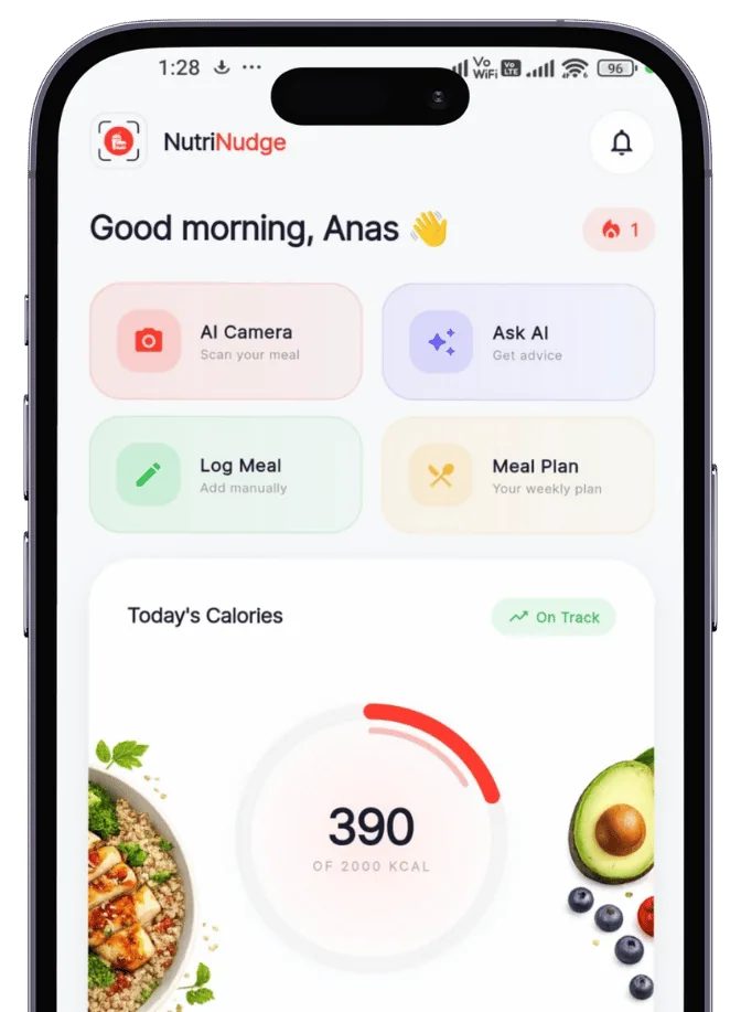 NutriNudge home screen with today's calories and quick actions
