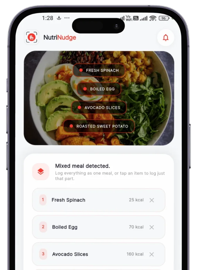 NutriNudge scan result with an itemized calorie breakdown